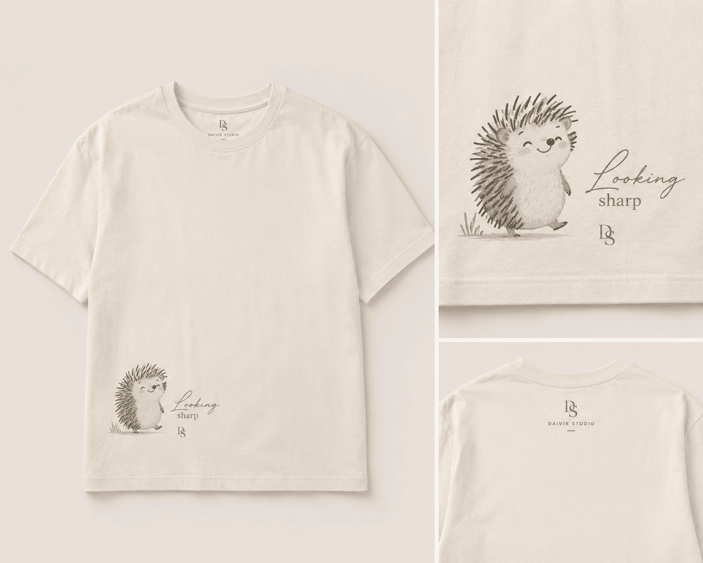 The Hedgehog Tee — front, detail, and back